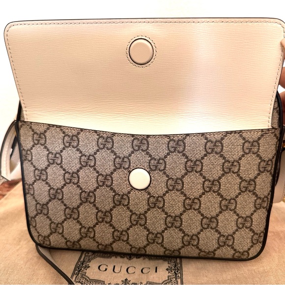 Excellent Condition!! GG Supreme Monogram Small Horsebit 1955 Beige Mystic White - Picture 9 of 10